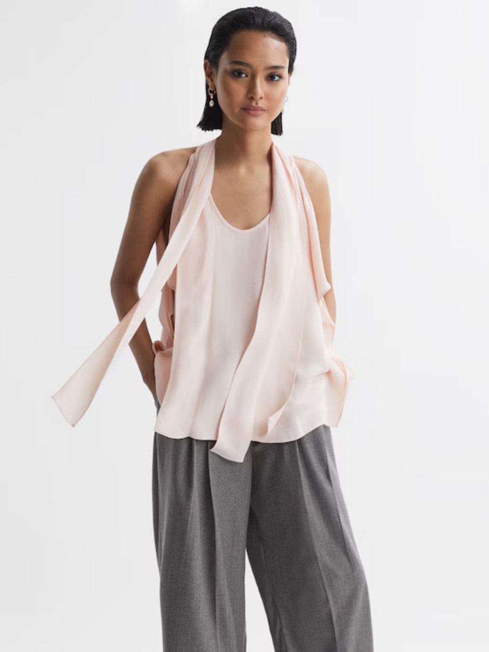 Reiss Calista Tie Neck Draped Blouse in Nude size 0 NWT